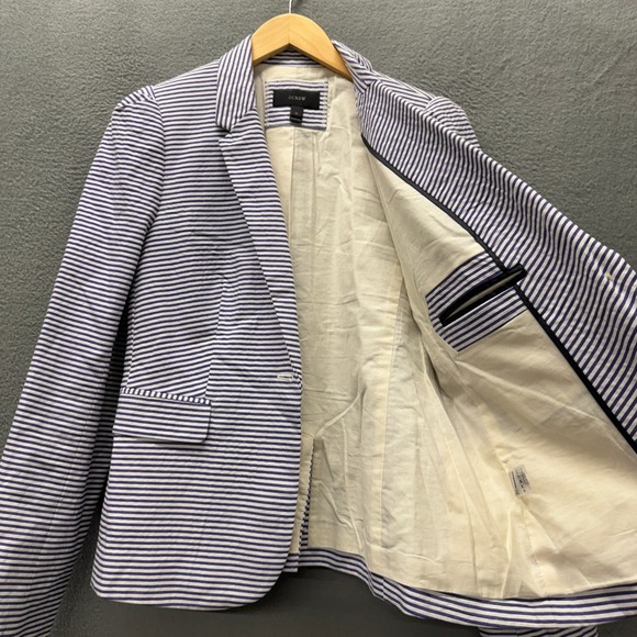 J Crew Blazer Womens 12 Blue White Stripe Coastal Nautical Jacket Cotton Classic - Picture 7 of 9